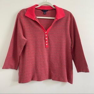 4/$25 Tommy Hilfiger Collared 3/4 Sleeve Striped Polo in Pink and Grey - X-Large